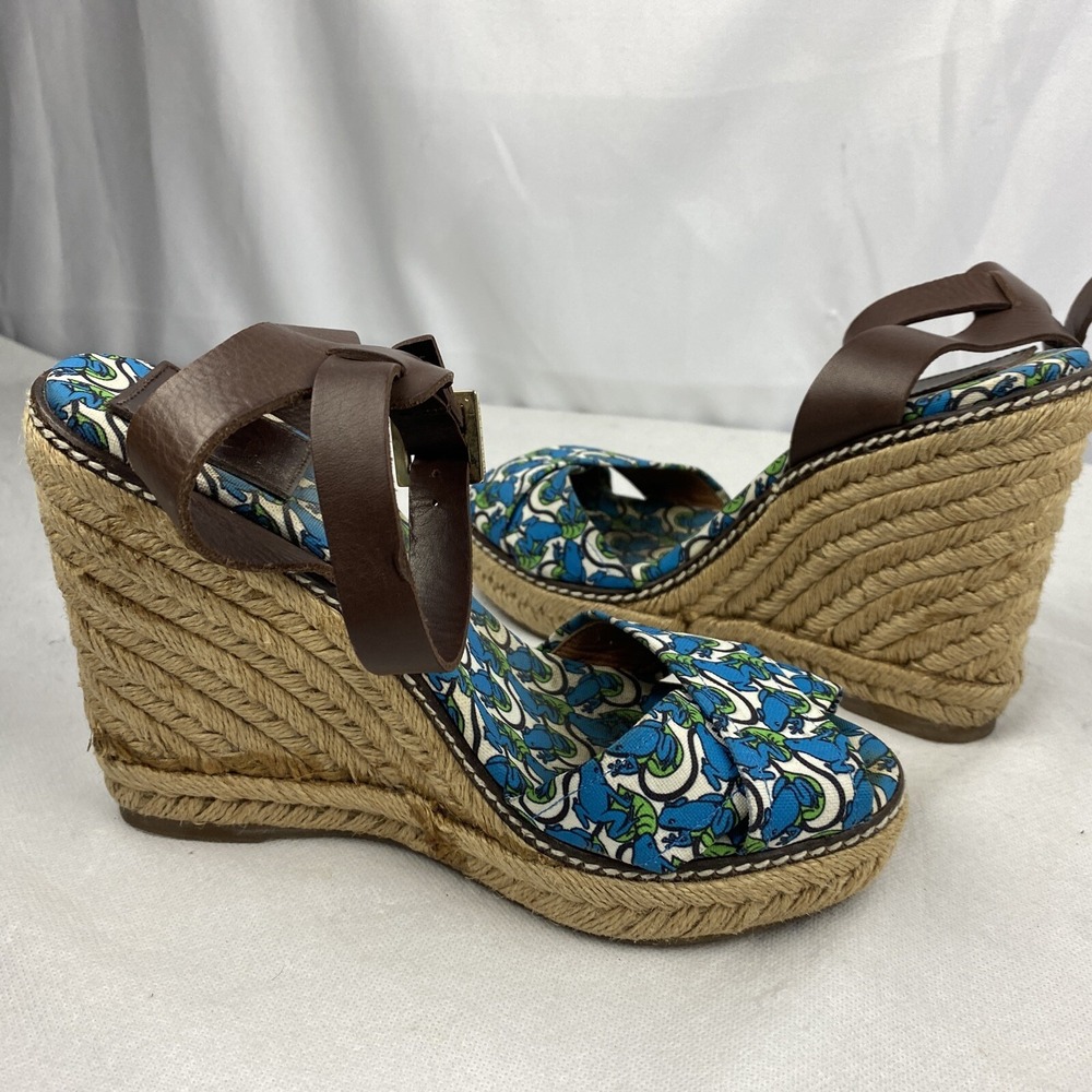 Tory Burch Frog Lilly Pad Graphic Print Espadrille Rope Wedges Size 6 - Picture 9 of 11